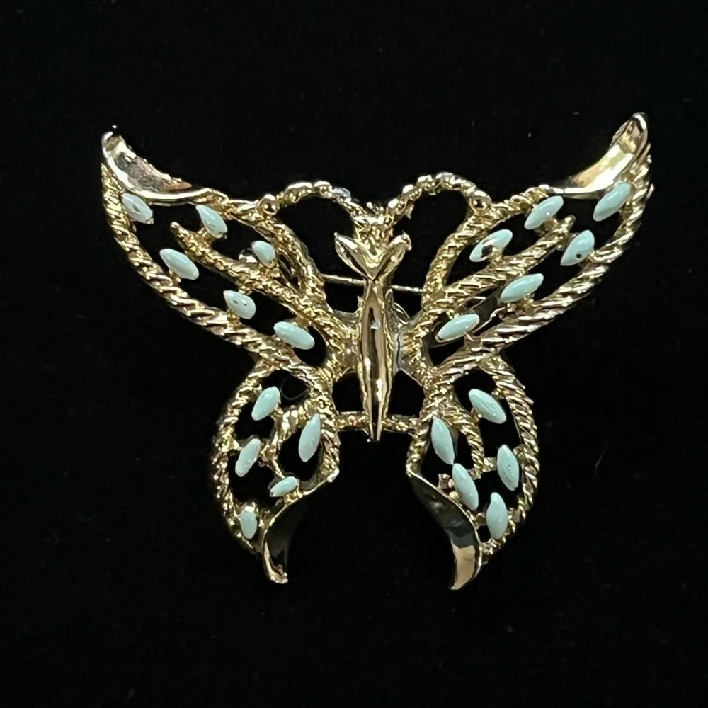 Gerry's Gold Butterfly Brooch Open Filigree Enameled Light Blue